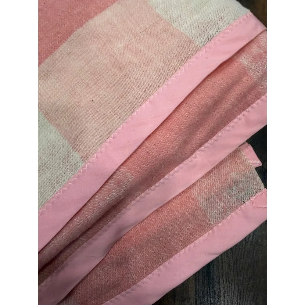 Vintage Camp Blanket Unisex OS Pink Buffalo Check Wool Satin Trim Cabin Core